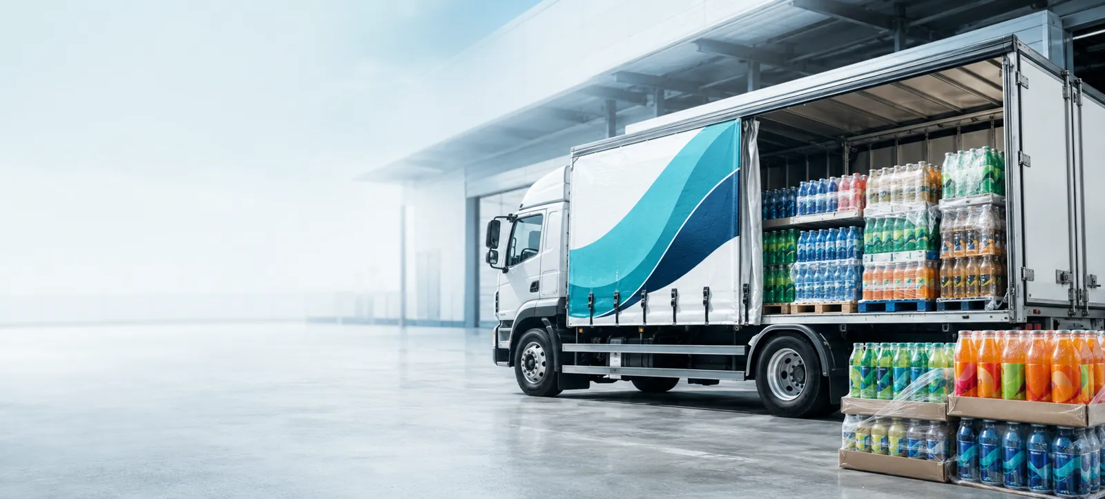 Curtain-sider loaded with palletised soft drinks at the depot