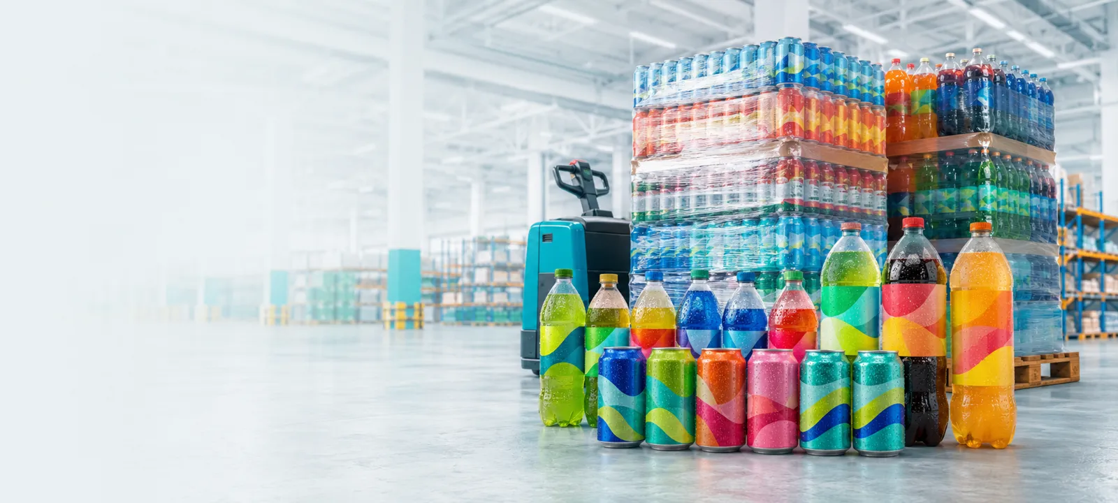 Pallets of soft drinks in the warehouse