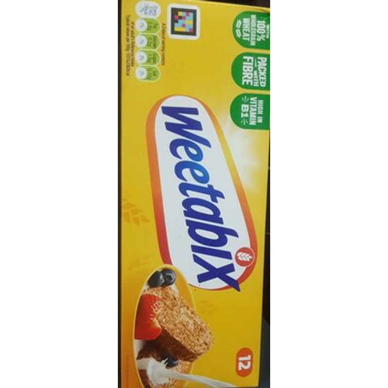 Whole wheat cereal with added vitamins and iron. 12 Biscuits — Weetabix