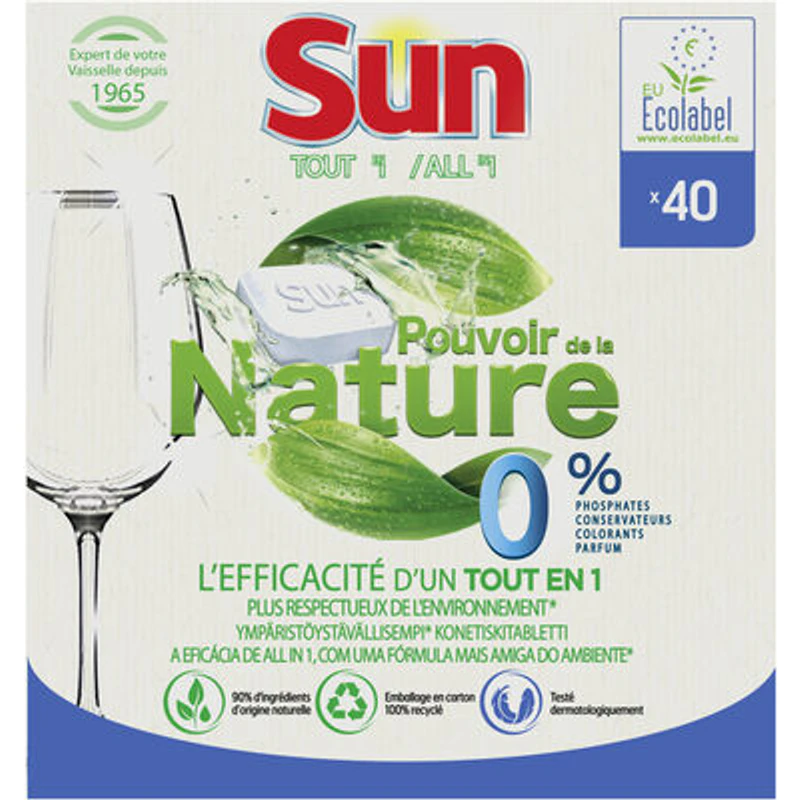 SUN Pouvoir de la Nature Tablettes Lave-Vaisselle Tout-En-1 EcoLabel 40 Lavages — Pouvoir de la Nature